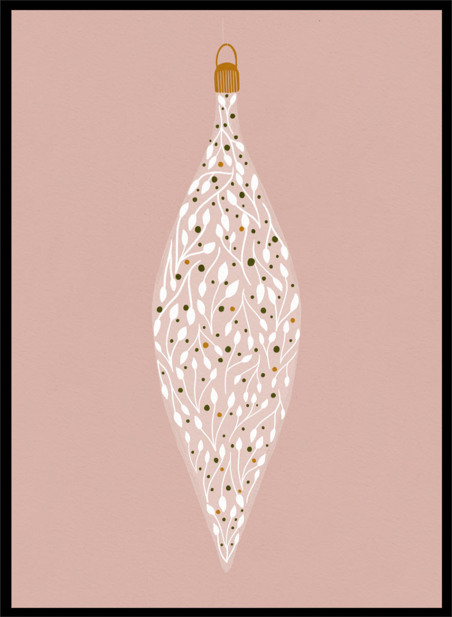 Shop Ornament On Pink by Katie O’Shea, a botanical Christmas wall art print poster featuring white leafy branches, green and gold details, and a dusty pink background.