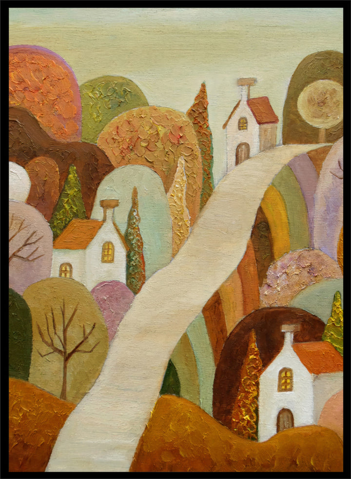 A stylized landscape painting featuring small white houses with orange roofs, rolling hills in earthy tones, and a pale winding path through the scene. Shop Whimsical Village Path by Angeles M. Pomata, an autumn landscape art print featuring a winding road, white village houses, rounded hills, and warm earthy tones.