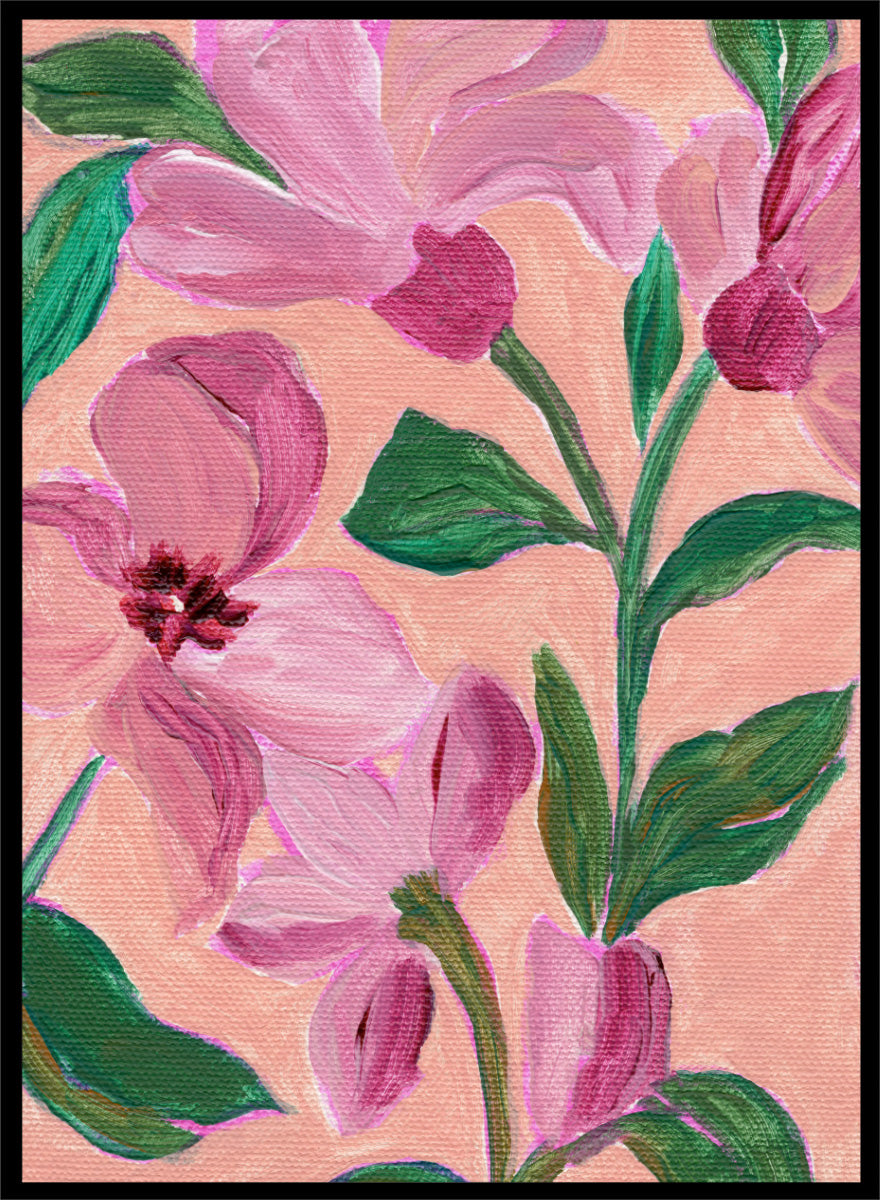 Shop Vibrant Pink Blooms by Nikita Jariwala, a floral wall art print poster featuring oversized pink flowers, lush green leaves, and a bold botanical composition.