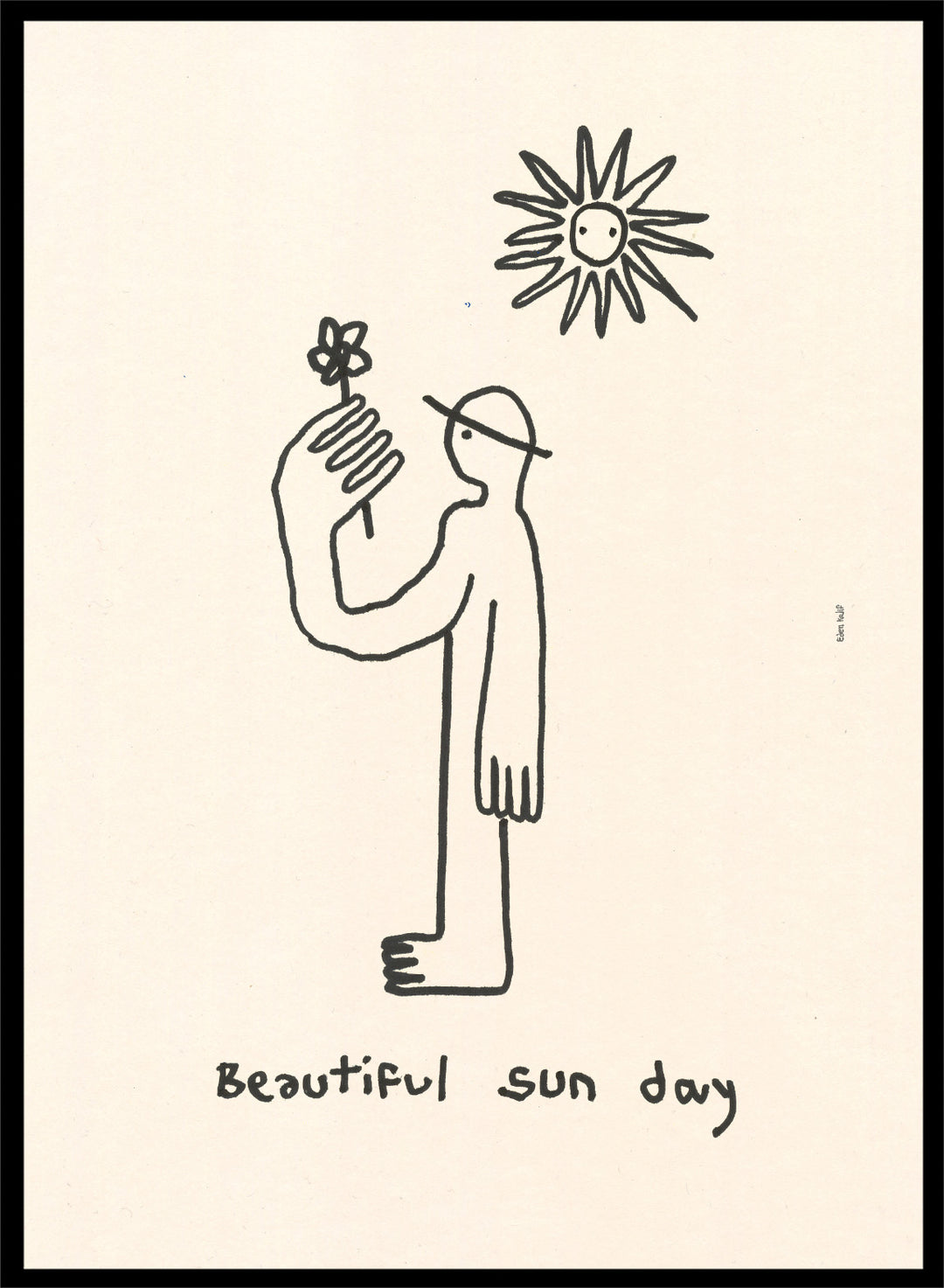 Black line drawing of a person with a flower and a sun, with 'Beautiful sun day' text on a beige background. Untitled by Eden Kalif is a modern line art print of a figure holding a flower under the sun, a contemporary minimalist wall poster with simple expressive drawing.