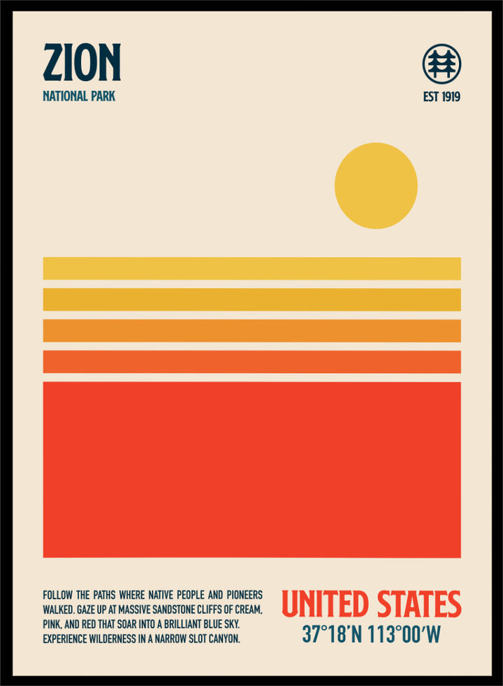 A minimalist Zion National Park poster with a cream background, dark blue text, a yellow sun, and horizontal stripes in cream, orange, and red. The bottom right reads &