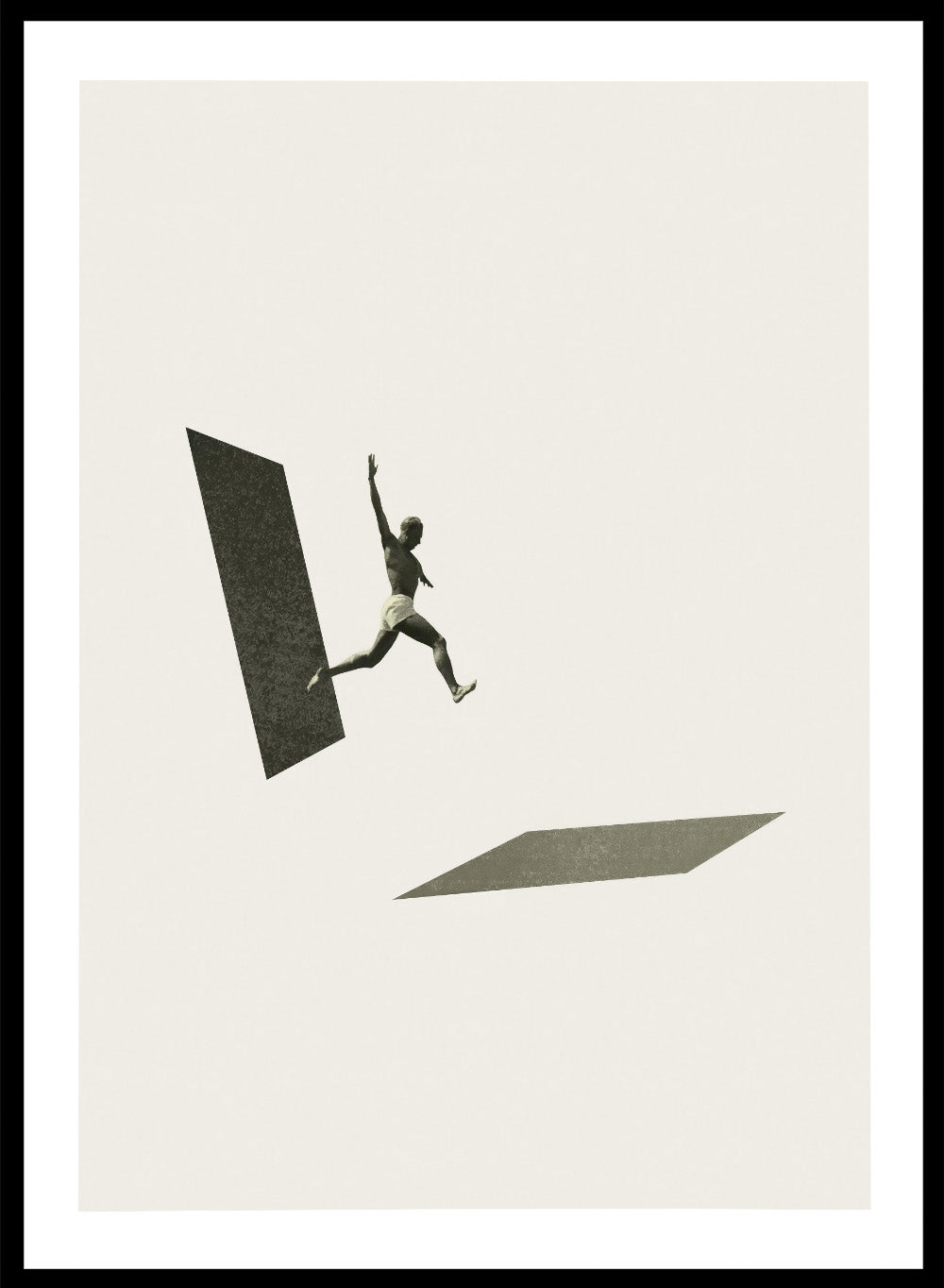 Not the One to Wait by Maarten Léon collage art print showing a figure jumping between platforms. Premium fine art print with real wood framing.