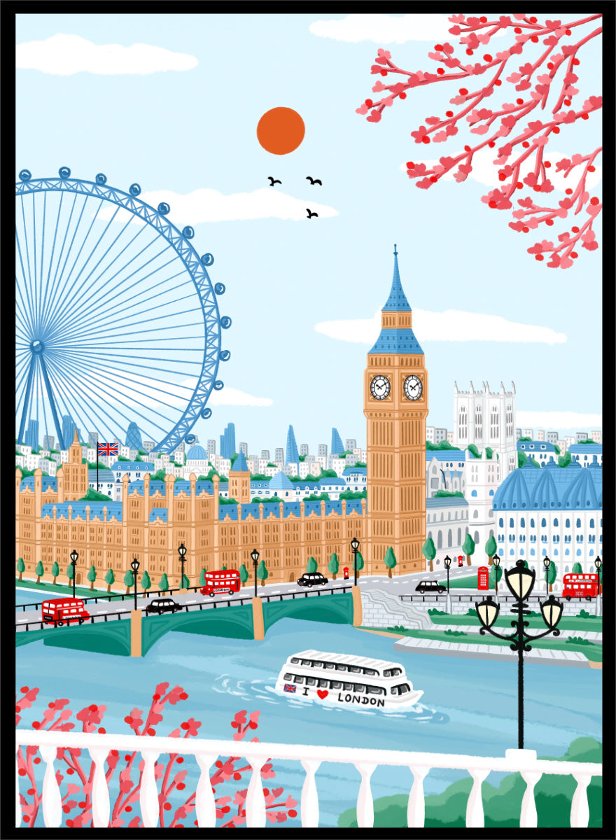 A colorful illustrated cityscape of London featuring Big Ben, the London Eye, red double-decker buses, a river boat, clouds, birds, and pink blossoms against a light blue sky. Shop Spring London Landmarks by Nidhi Kachhadiya, a colorful London wall art print featuring Big Ben, the London Eye, cherry blossoms, and bright spring city views.