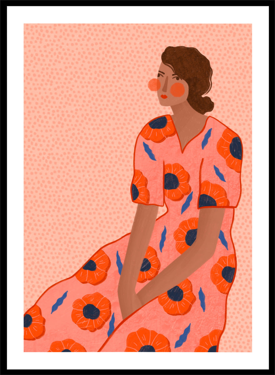 A stylized fashion illustration of a seated woman in a coral pink dress with large orange poppy motifs and blue leaf accents, shown with a white border and black frame. Stylish Poppy Portrait by Bea Müller floral woman art print featuring a pink dress covered in orange poppies and blue leaves for colorful modern wall decor.