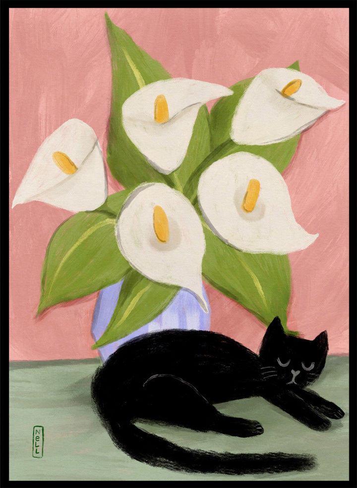 Black cat lying on a surface with white flowers in a blue vase against a pink background. Lilies In a Vase and a Black Cat by Dirkie Nell is a contemporary floral cat art print featuring hand painted lilies, soft pink tones, and playful still life illustration.