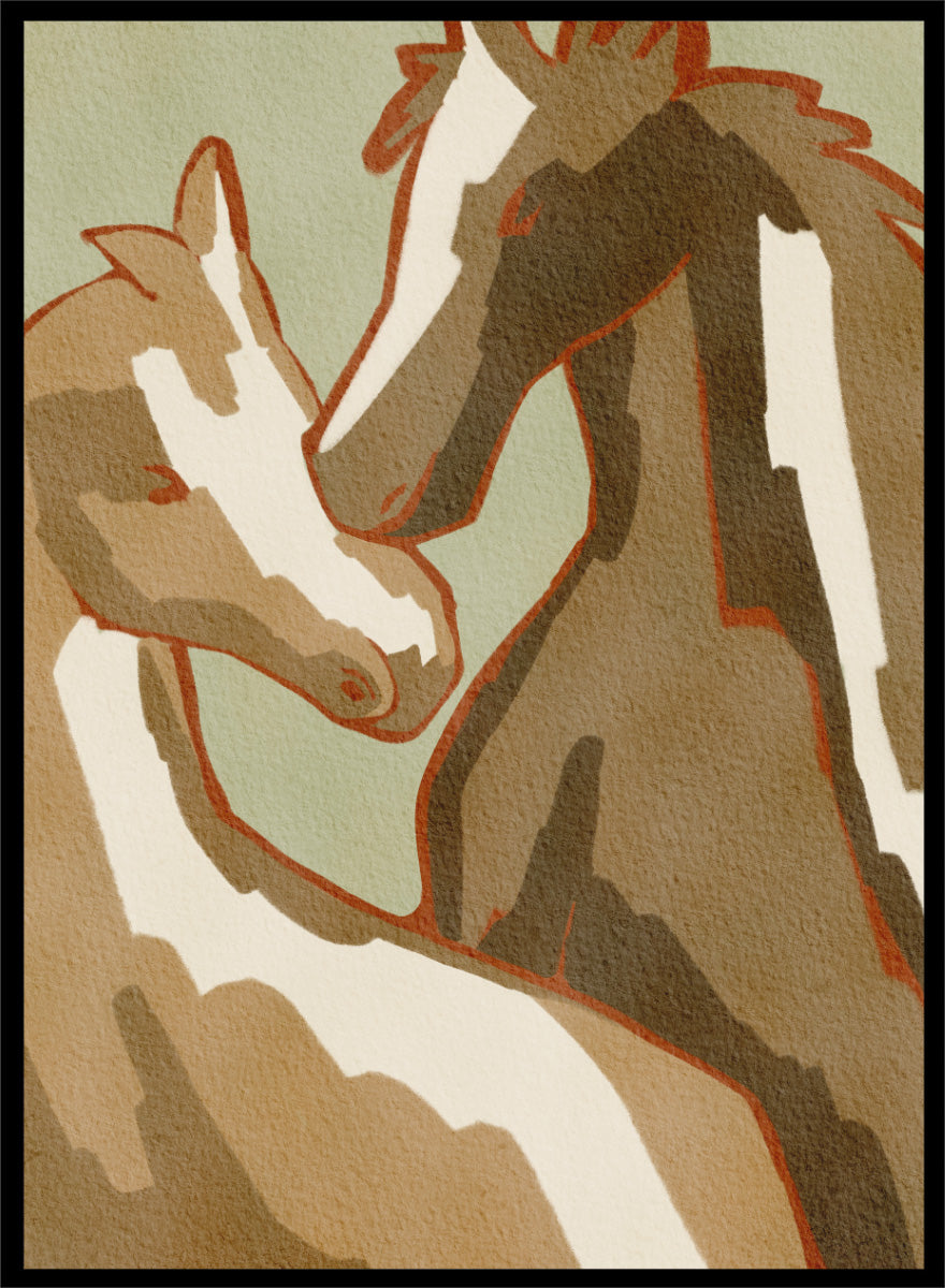 Shop Horse Love by Nikita Jariwala, a modern horse wall art print featuring two horses in a close affectionate pose, with warm beige, cream, and rust tones.