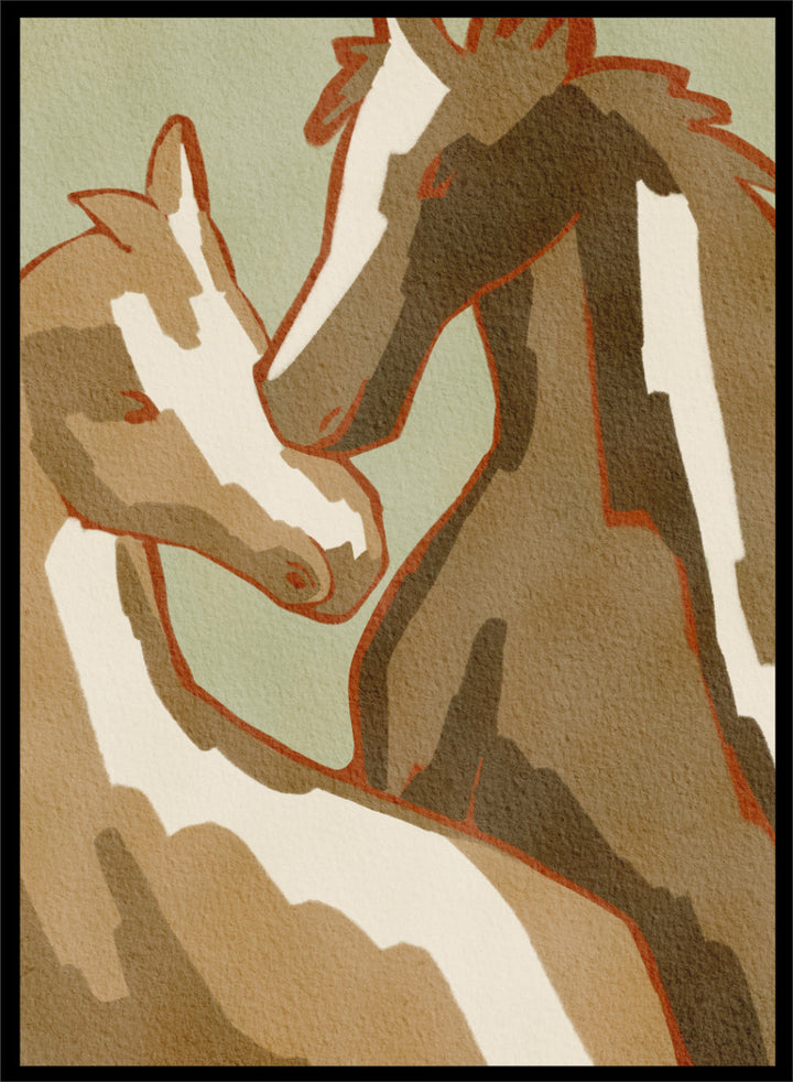 Shop Horse Love by Nikita Jariwala, a modern horse wall art print featuring two horses in a close affectionate pose, with warm beige, cream, and rust tones.