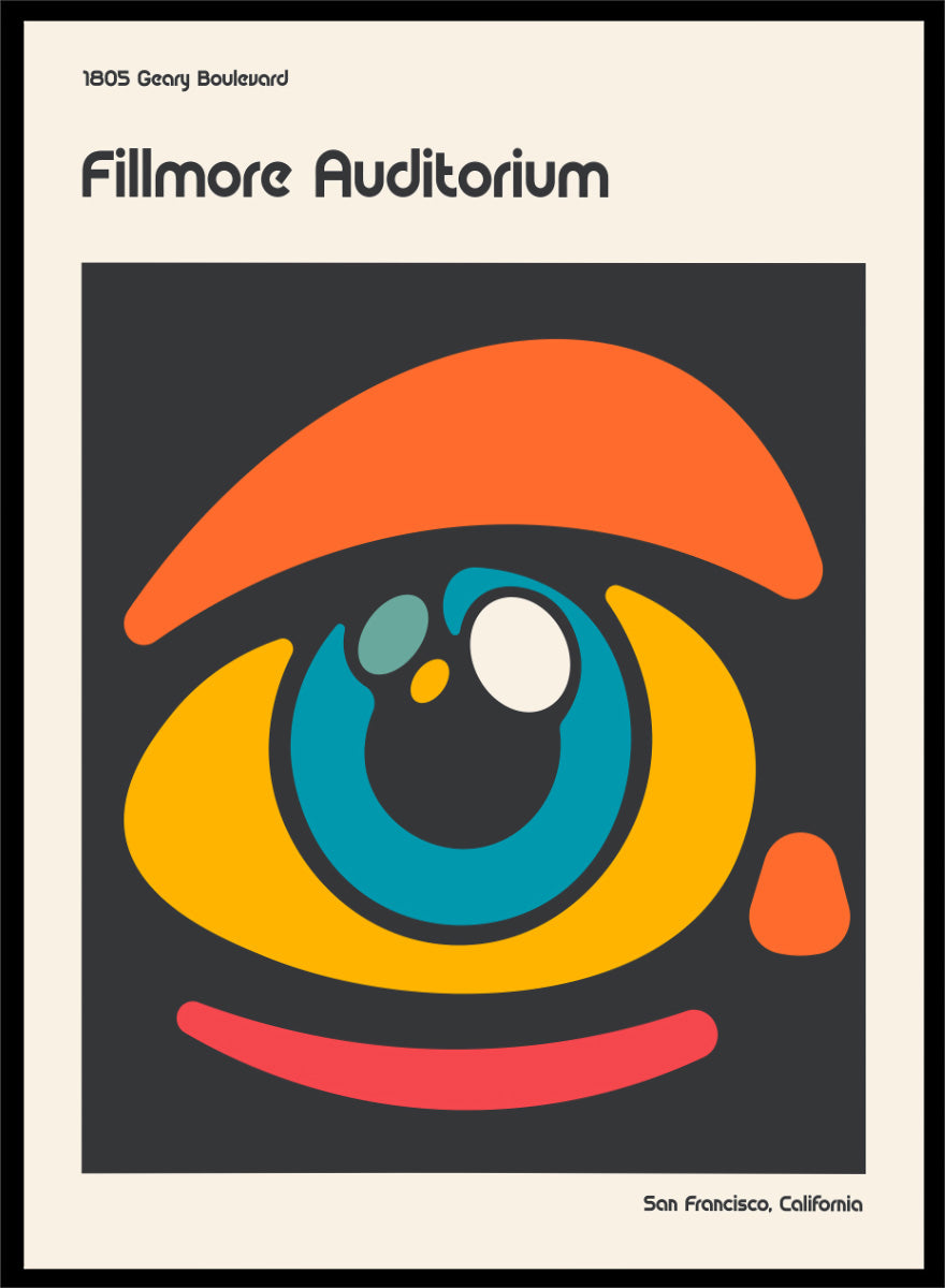 A poster-style graphic for the Fillmore Auditorium in San Francisco, California, featuring an abstract eye illustration in orange, yellow, blue, red, and white on a dark gray square, with cream margins and black text reading &