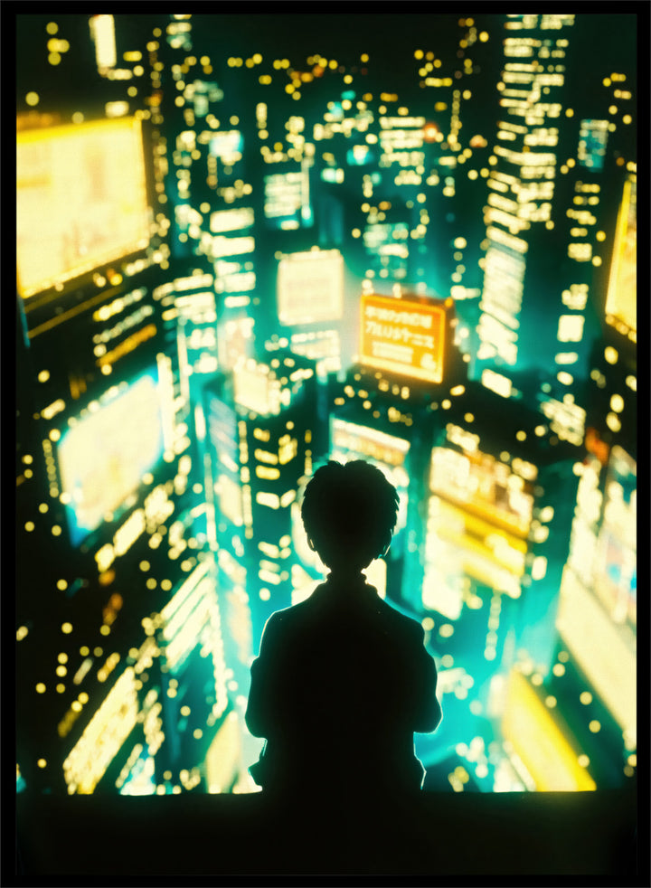 Silhouette of a person against a vibrant cityscape at night. Overlooking Tokyo by Taudalpoi neon cityscape art print with glowing skyscrapers and lone figure, cinematic cyberpunk inspired poster wall art.