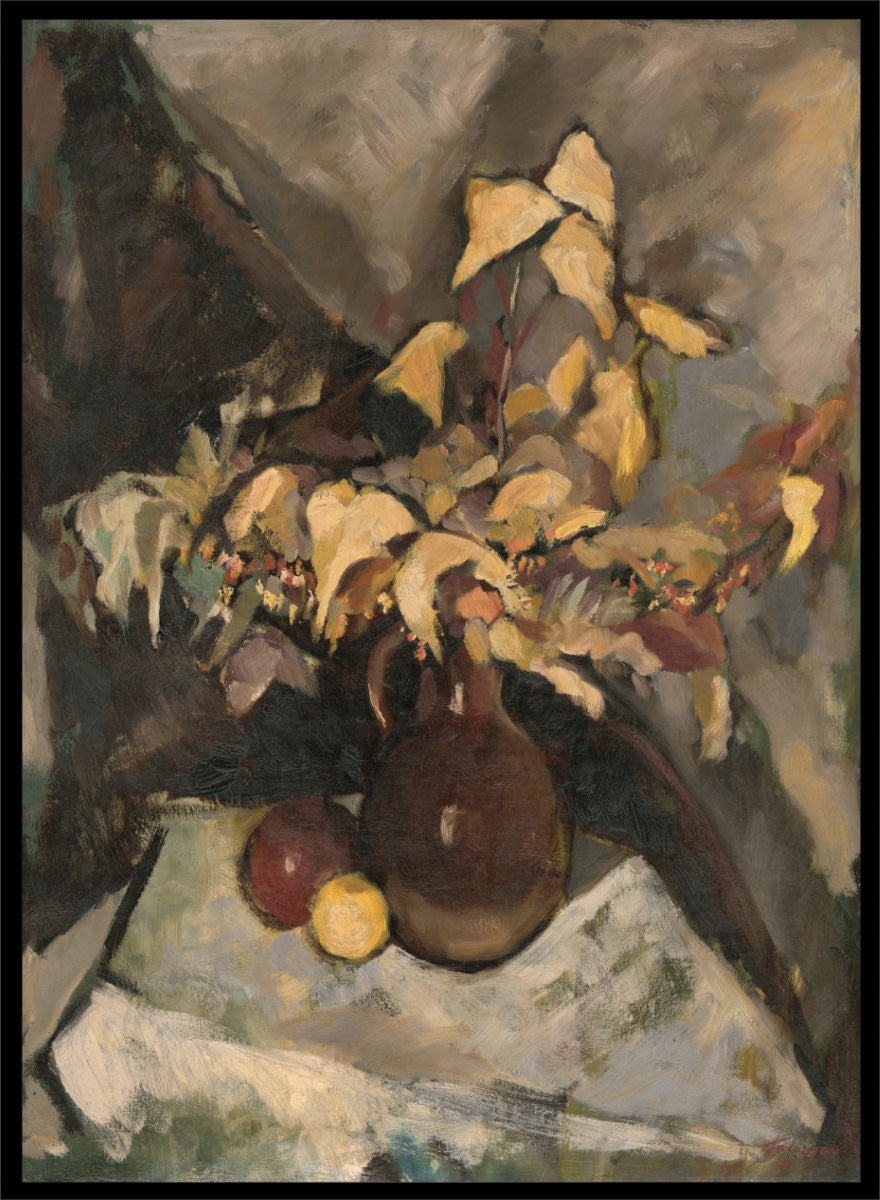 Shop Autumn Still Life by Zolo Palugyay, a vintage still life wall art print poster featuring autumn leaves, fruit, and flowers in warm brown tones.