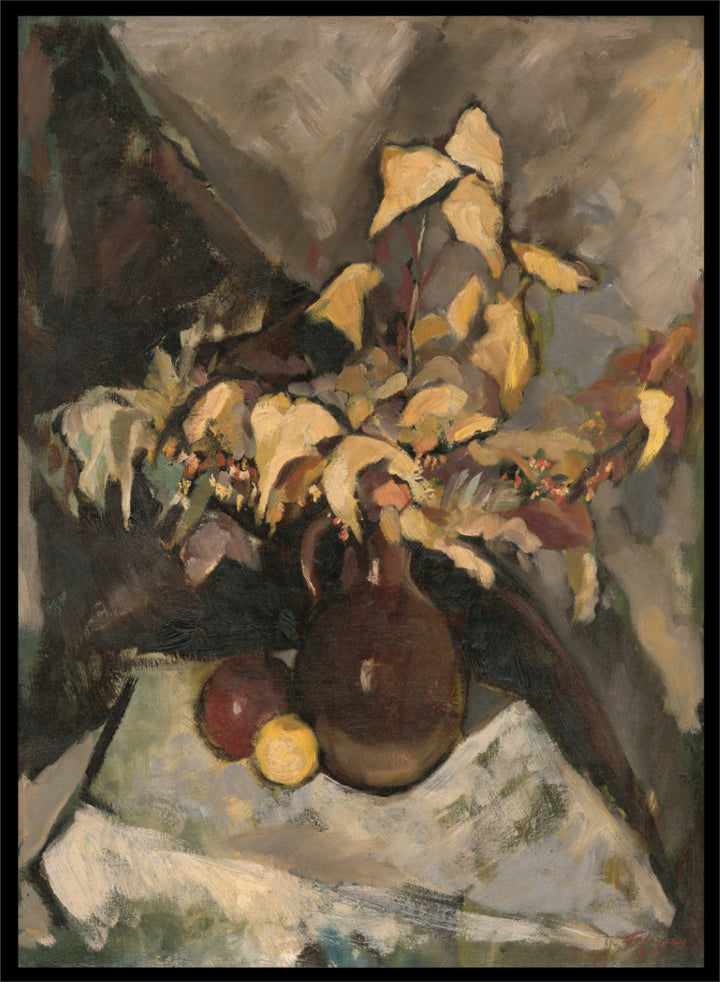 Shop Autumn Still Life by Zolo Palugyay, a vintage still life wall art print poster featuring autumn leaves, fruit, and flowers in warm brown tones.