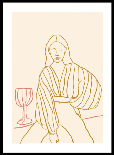 Stylish Woman Wine Glass Wall Art Print | Hand Drawn Line Portrait Illustration, Contemporary Modern Minimalist Fashion Girl Poster