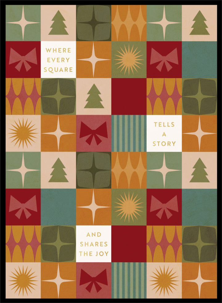 Shop Retro Christmas Squares by Dominique Vari, a festive wall art print poster featuring retro trees, bows, stars, geometric shapes, and vintage holiday colors.