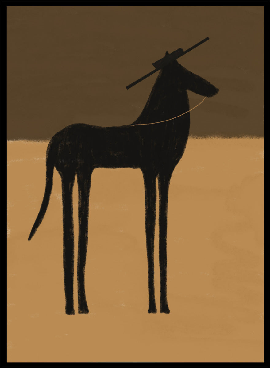 A minimalist art print featuring a black silhouette of a long-legged animal, possibly a zebra or antelope, standing against a two-tone brown background. The Unspoken Story by The Art Concept animal art print featuring a tall black horse in a wide hat against warm brown and sand tones.