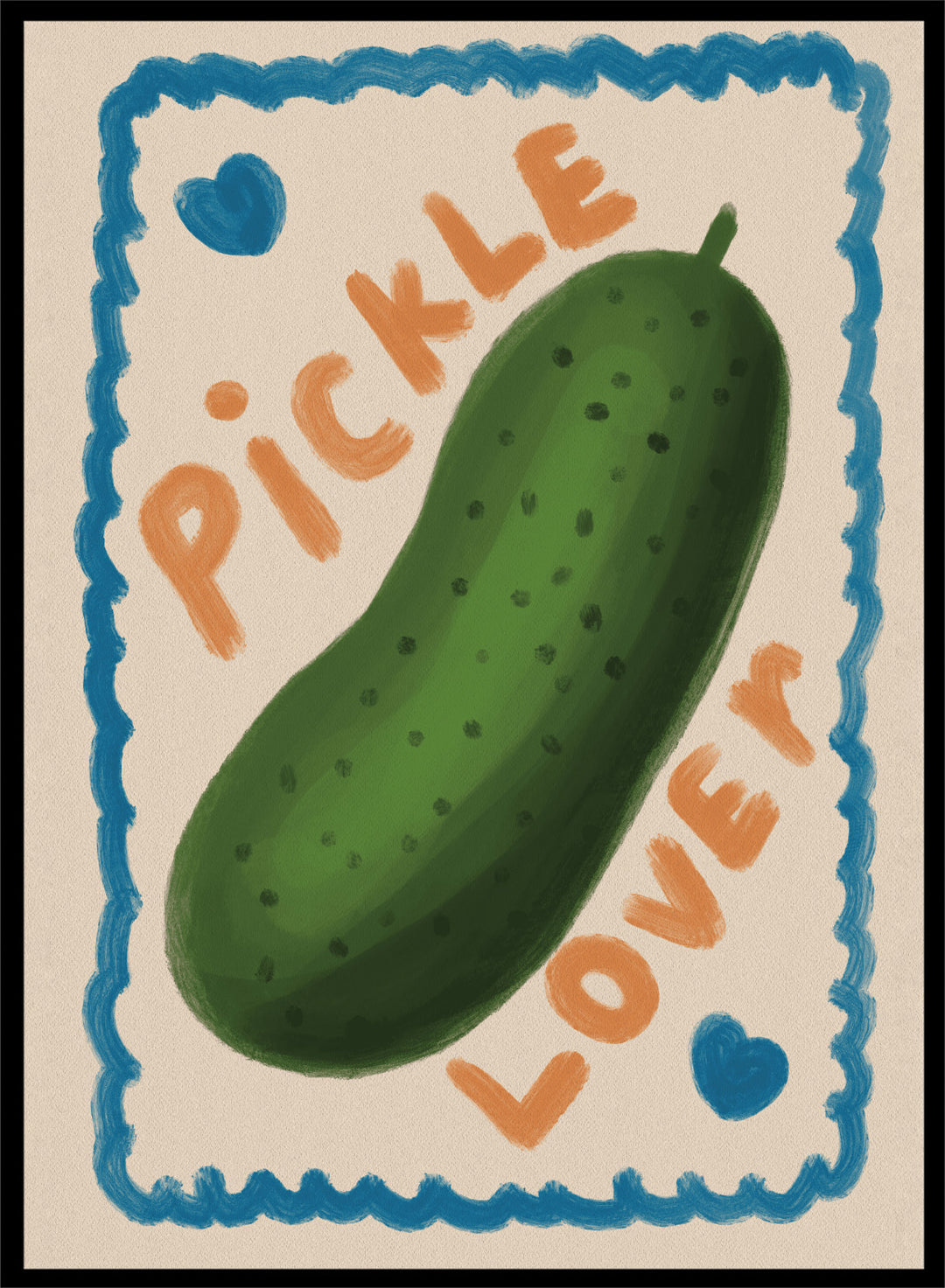 An art print featuring a hand-drawn green pickle centered on a cream background, surrounded by a blue scalloped border. The words 'PICKLE' and 'LOVER' appear in orange lettering, with two small blue hearts near the corners. Cute Pickle Lover by Lisa Solomoniuk premium framed fine art print featuring a giant green pickle, playful lettering, blue hearts, and a hand-painted border.