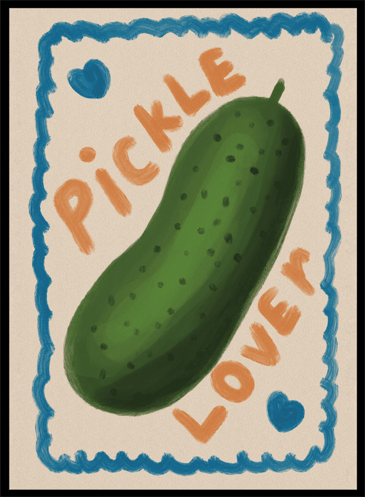 An art print featuring a hand-drawn green pickle centered on a cream background, surrounded by a blue scalloped border. The words &
