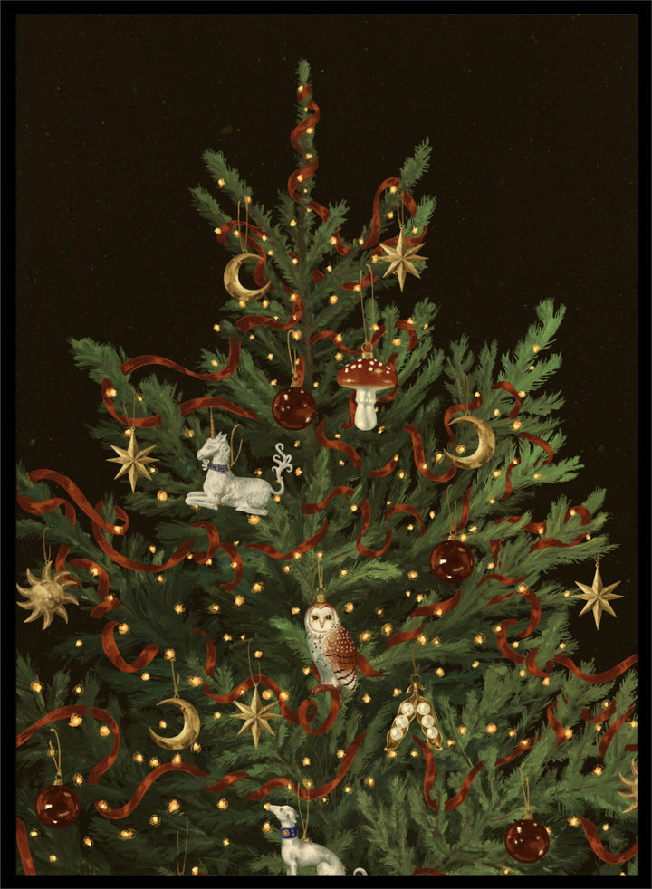 Shop Whimsical Christmas Tree by NKTN, a festive Christmas wall art print poster featuring woodland ornaments, red ribbon, stars, moons, and glowing lights.