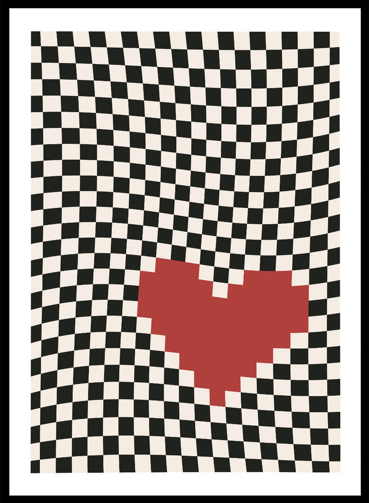 Checkered pattern with a red heart in the center. Pixel Heart by Frankie Kerr-Dineen features a red pixel heart on a wavy checkerboard background. Modern graphic art print and contemporary wall poster.