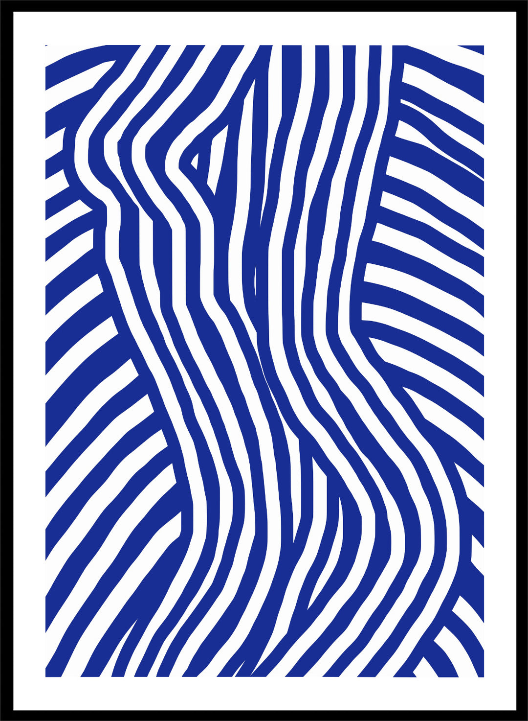 Blue and white wavy pattern on a white background. Blue and White Striped by Little Dean abstract optical illusion art print featuring striped silhouette, modern graphic pattern illustration wall art poster.