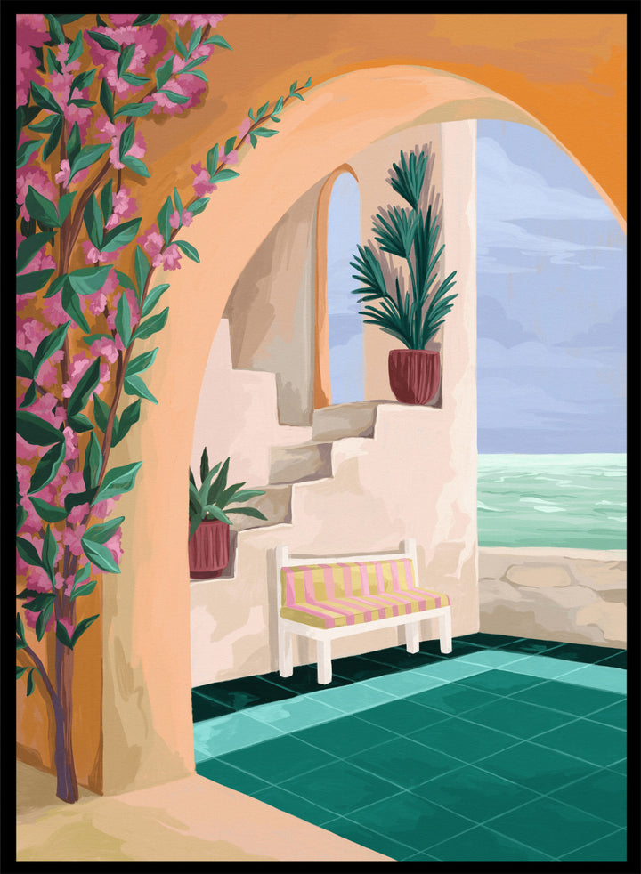 Decorative interior scene with an arch, bench, and ocean view. Bench with a View by Goed Blauw is a coastal art print and wall poster featuring an arched terrace, striped bench, and ocean view with warm tones.