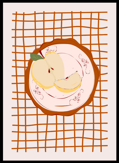 Apple Still Life Wall Art Print | Hand Drawn Fruit Plate Poster, Modern Kitchen Decor, Contemporary Food Illustration Table Setting