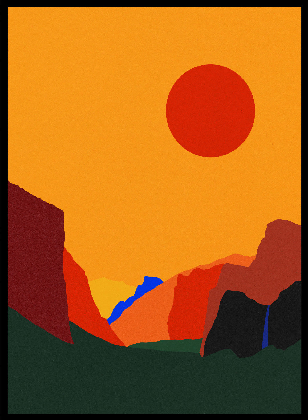 Simplified landscape with red sun, green ground, and brown cliffs. Yosemite Valley by Rosi Feist is a modern minimalist landscape fine art print featuring bold cliffs and a graphic sun. Officially licensed wall poster with optional artisan framing.