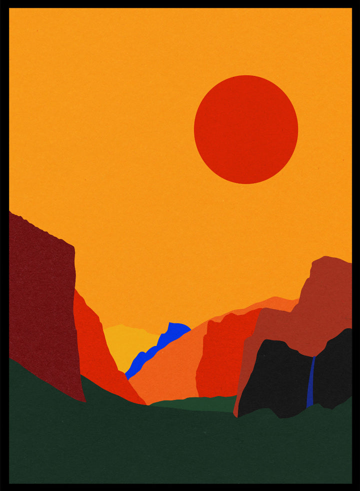 Simplified landscape with red sun, green ground, and brown cliffs. Yosemite Valley by Rosi Feist is a modern minimalist landscape fine art print featuring bold cliffs and a graphic sun. Officially licensed wall poster with optional artisan framing.