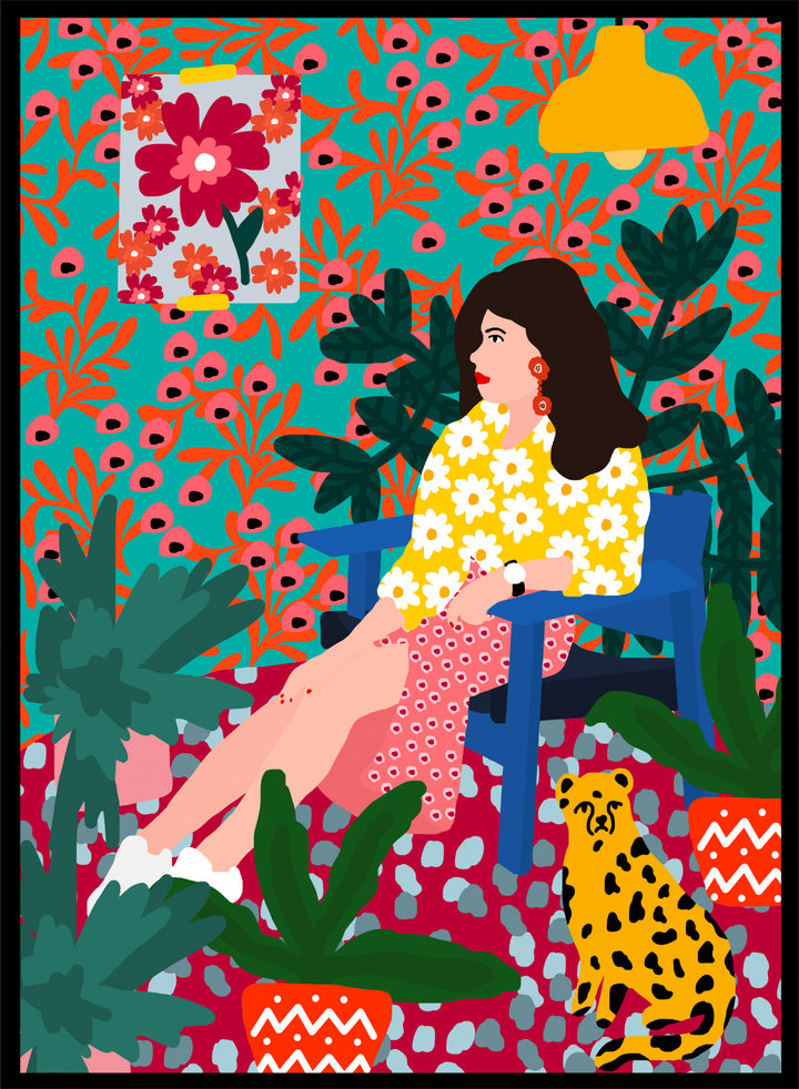 Floral Daydreaming by Rafaela Mascaro fine art print featuring bold botanical interior, modern woman portrait, and colorful contemporary wall art poster.