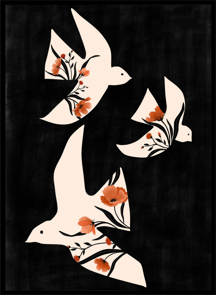 Shop Floral Dove Flight by Elena Ristova, a modern bird wall art print poster featuring cream doves filled with terracotta flowers on a black background.