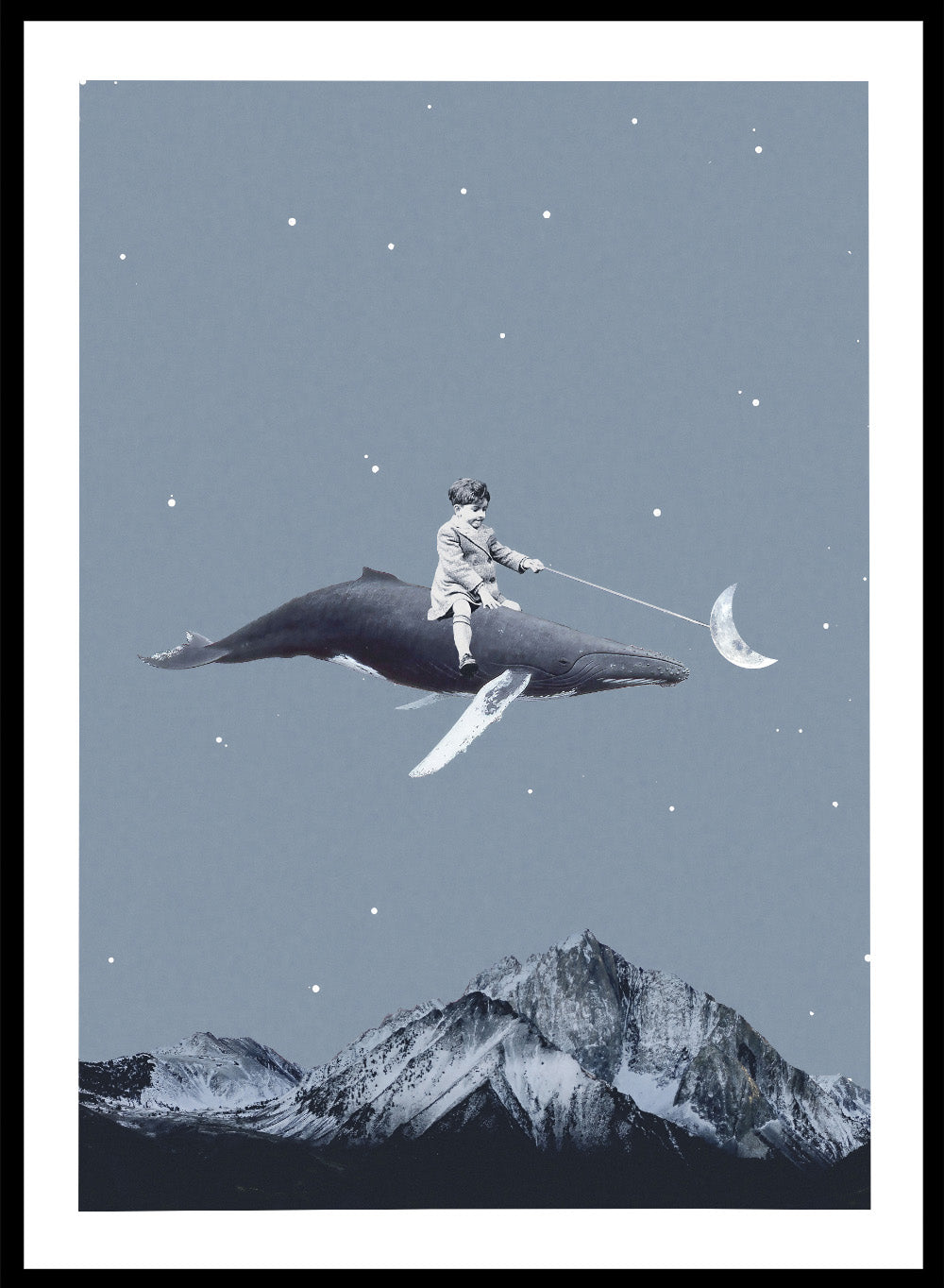 Aim for the Moon by Maarten Léon is a surreal collage art print featuring a boy riding a whale in a starry sky with mountains and moon imagery.