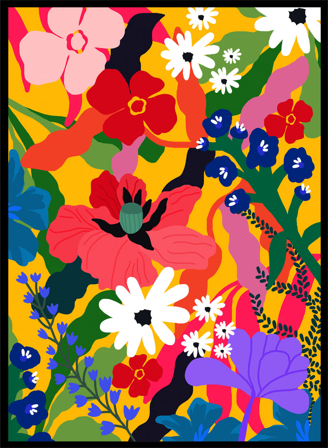 Colorful floral pattern with various flowers on a yellow background. Wildflower Tangle by Rafaela Mascaro botanical art print featuring bold colorful flowers, layered wildflower pattern, and vibrant contemporary floral wall art poster.