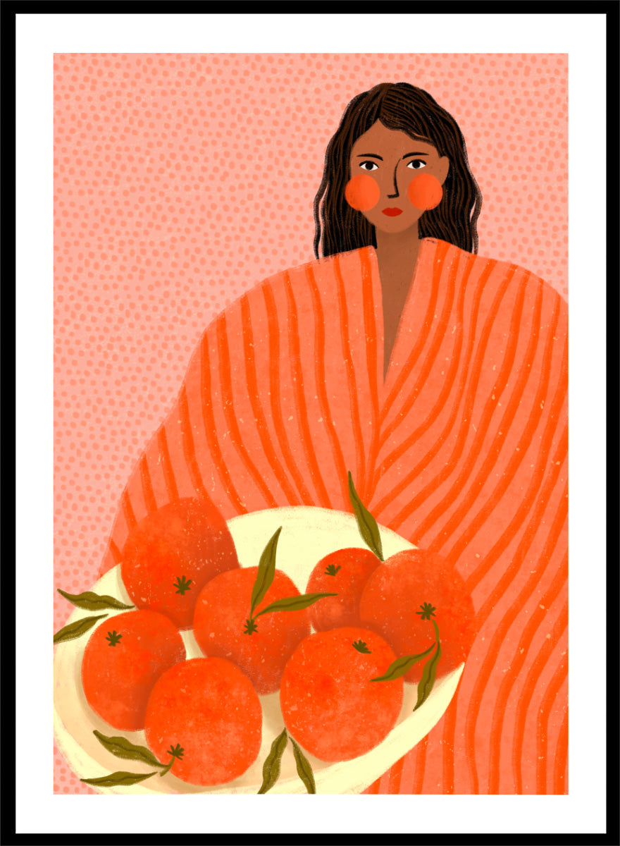 A stylized art print featuring a woman with dark hair wrapped in a bright orange striped blanket, holding a white plate of oranges against a pink dotted background. Woman Holding Oranges by Bea Müller colorful kitchen art print featuring a woman carrying fresh citrus fruit in warm orange and coral tones.