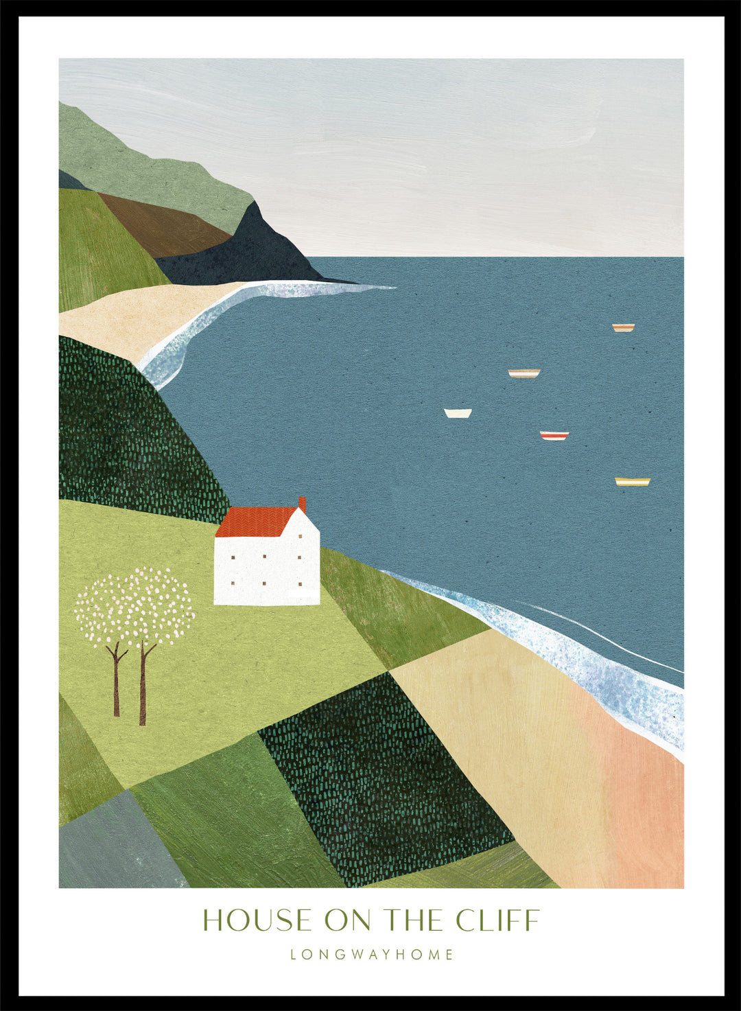 Illustration of a house on a cliff overlooking a coastal scene with boats. House on the Cliff by Longwayhome is a minimalist coastal landscape art print featuring ocean views, cliffside scenery, and modern travel inspired wall art.