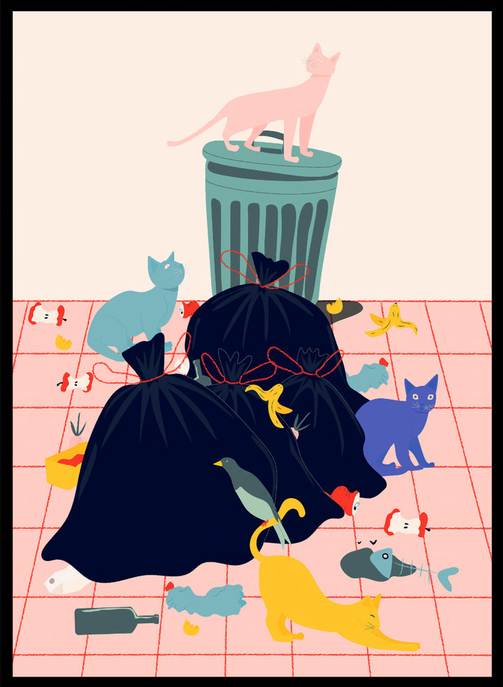 Illustration of a trash can and cats on a pink grid background. Cats by Jota de Jai is a funny modern wall art print featuring colorful cats taking over a messy room. Officially licensed fine art poster with optional wood frame.