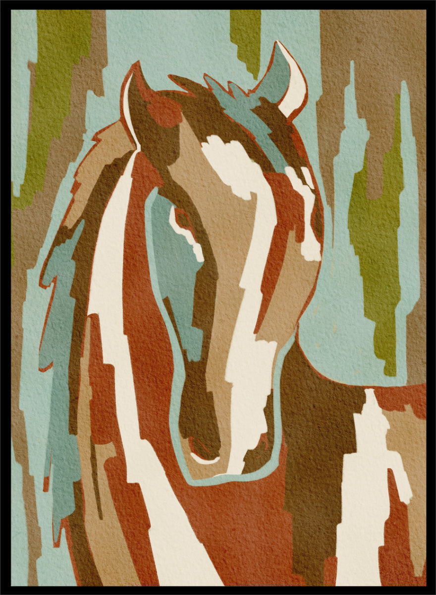 Shop Abstract Horse Portrait by Nikita Jariwala, a modern horse wall art print featuring a stylized equine portrait, bold shapes, and earthy rust, blue, and cream tones.