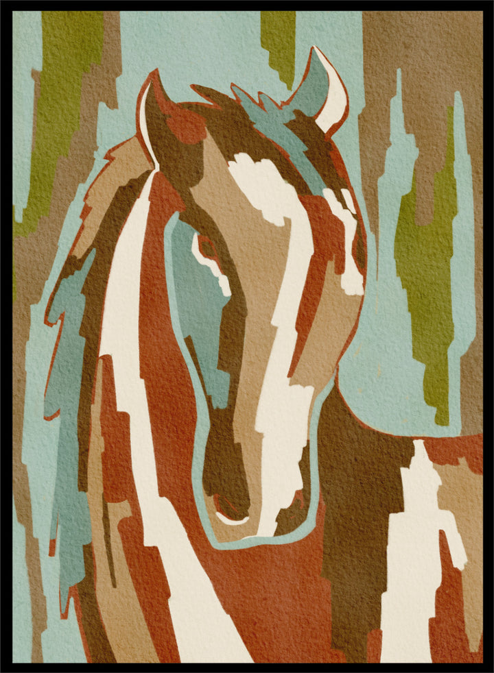Shop Abstract Horse Portrait by Nikita Jariwala, a modern horse wall art print featuring a stylized equine portrait, bold shapes, and earthy rust, blue, and cream tones.