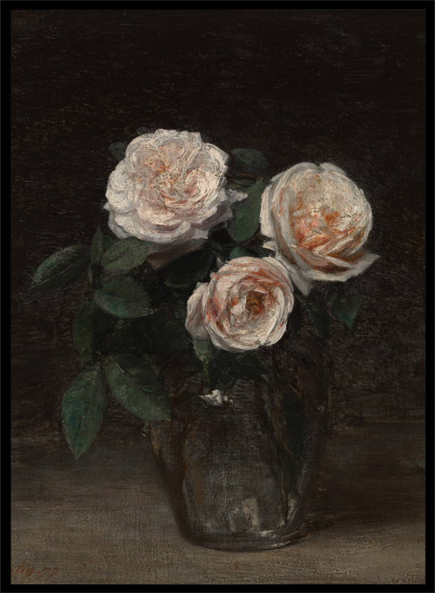 Shop Still Life with Roses by Henri Fantin-Latour, a vintage floral wall art print poster featuring pale roses against a rich brown background.