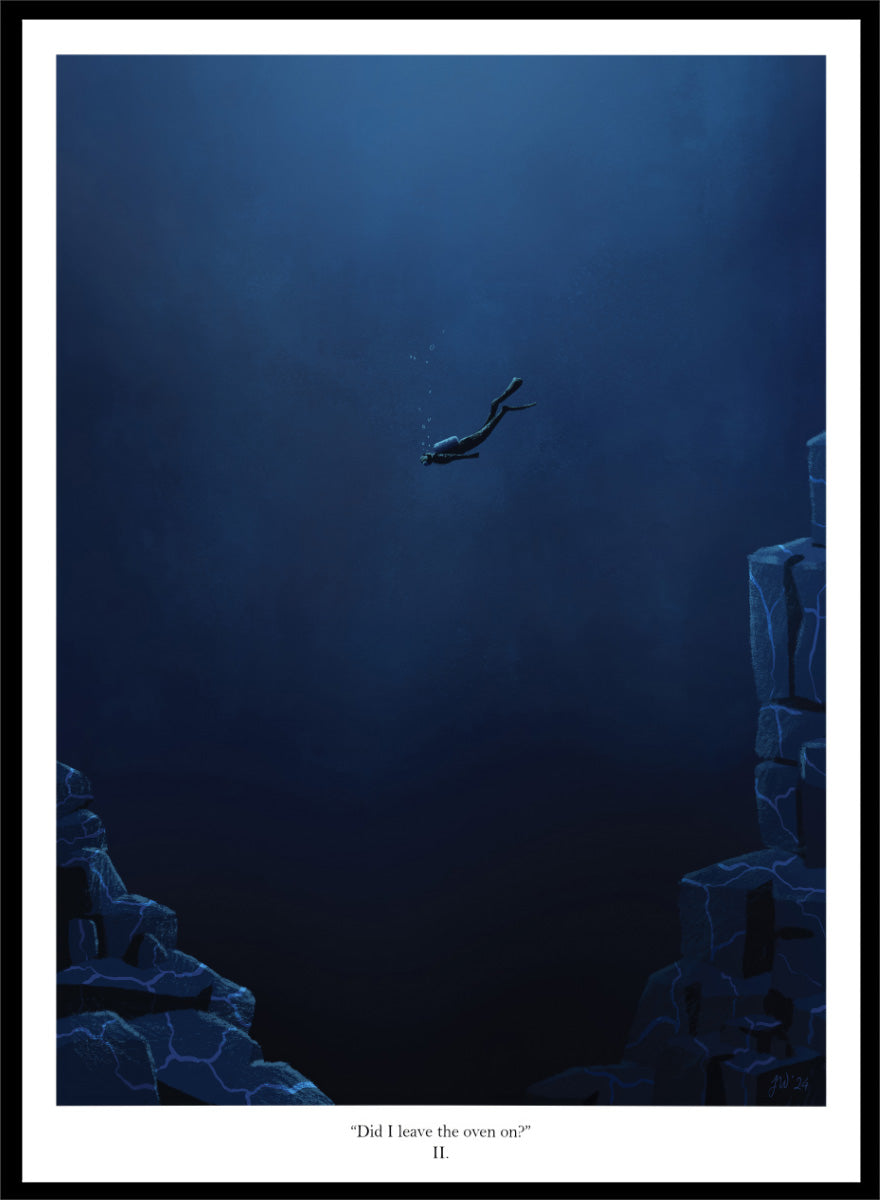 A framed art print featuring a dark blue underwater scene with a diver floating in the center, flanked by glowing blue rock formations. Shop Deep Blue Diver by Jake Waldron, a minimalist diving wall art print featuring a lone deep-sea diver, underwater cliffs, and dramatic navy blue tones.