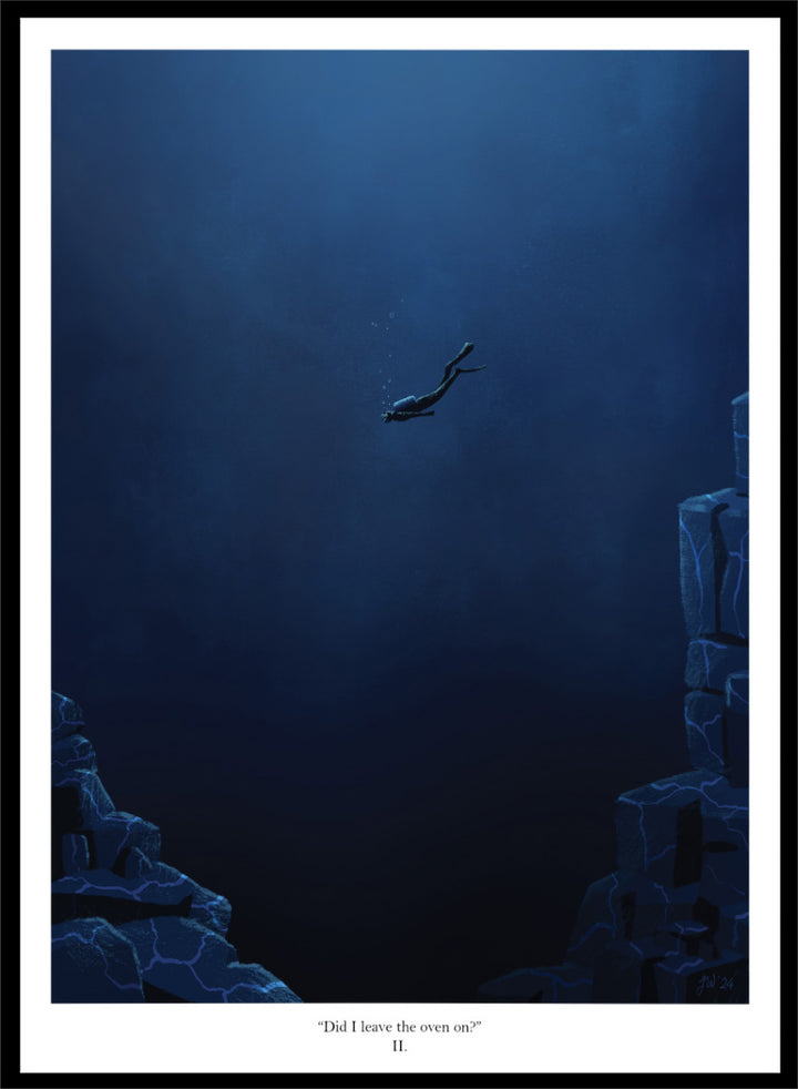 A framed art print featuring a dark blue underwater scene with a diver floating in the center, flanked by glowing blue rock formations. Shop Deep Blue Diver by Jake Waldron, a minimalist diving wall art print featuring a lone deep-sea diver, underwater cliffs, and dramatic navy blue tones.