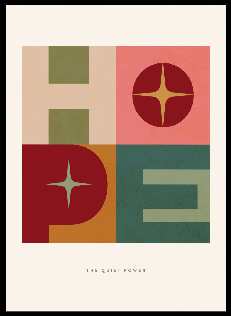 Shop Hope Retro Typography by Dominique Vari, a retro typography wall art print poster featuring bold geometric letters, star shapes, and warm vintage-inspired color.