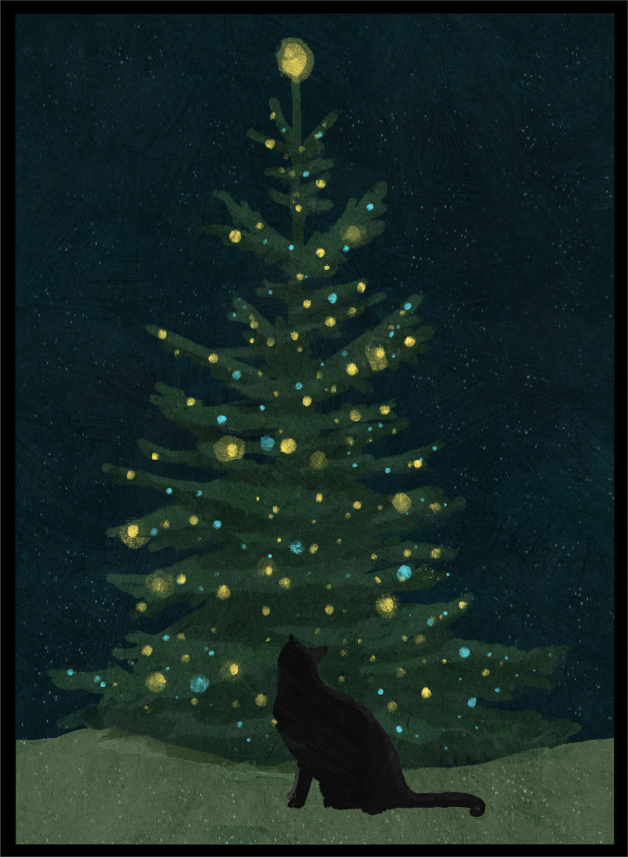 Shop Christmas Wishes by Katie O’Shea, a charming black cat Christmas wall art print poster featuring a glowing tree, festive lights, and deep green tones.