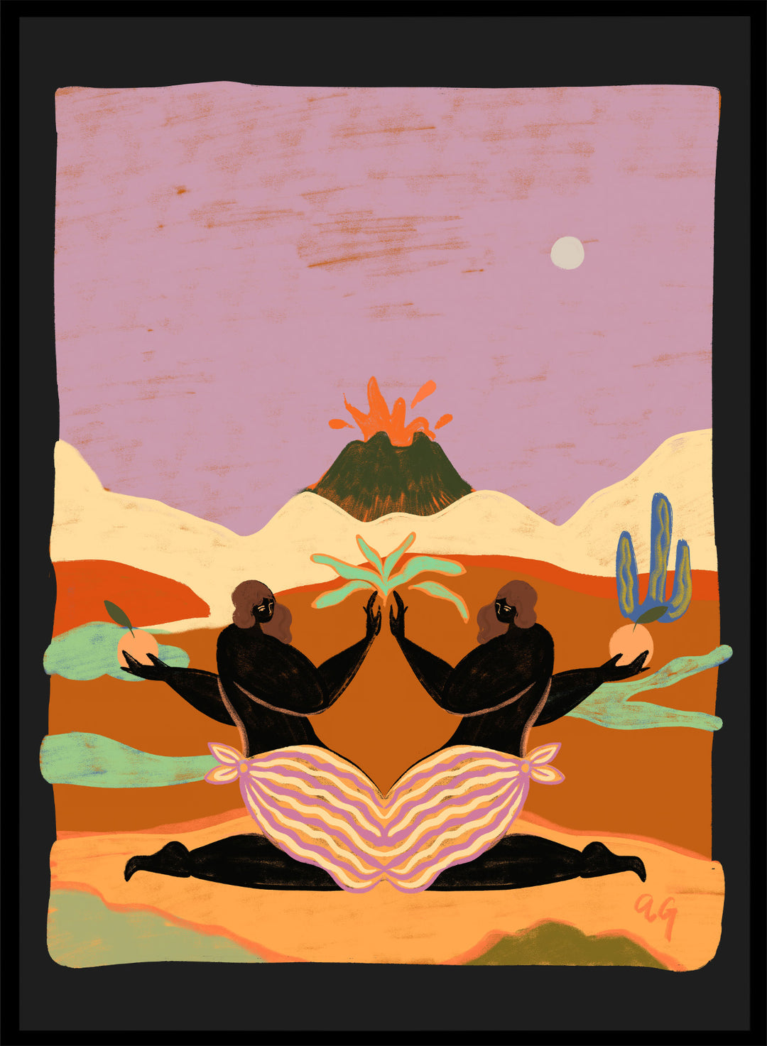 A framed art print featuring a stylized desert landscape with two black silhouetted figures seated in a lotus position, facing each other beneath a volcano and cacti, set against a pink sky. Lava by Arty Guava premium framed fine art print featuring mirrored women, tropical plants, and a glowing volcano in bold, surreal colors.