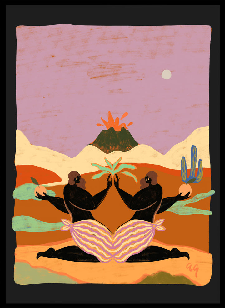 A framed art print featuring a stylized desert landscape with two black silhouetted figures seated in a lotus position, facing each other beneath a volcano and cacti, set against a pink sky. Lava by Arty Guava premium framed fine art print featuring mirrored women, tropical plants, and a glowing volcano in bold, surreal colors.