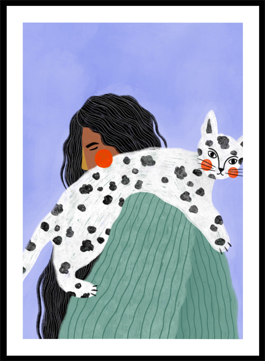 A framed art print featuring a stylized illustration of a woman with long black hair carrying a white cat with black spots over her shoulder, set against a lavender background. Woman and Spotted Cat by Bea Müller animal art print featuring a woman carrying a playful spotted cat, perfect for modern cat lover and pet decor.