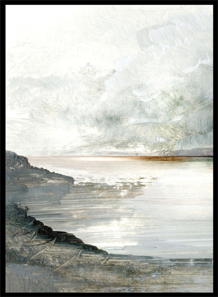 Shop Still Coast by Dan Hobday, a set of 2 coastal landscape wall art prints posters featuring misty water, rocky shoreline, and soft gray and green tones.