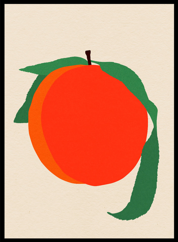 Illustration of a peach with green leaves on a beige background. Peach by Rosi Feist is a modern minimalist fruit art print with bold color and Bauhaus-inspired graphic design. Officially licensed fine art poster with framing.