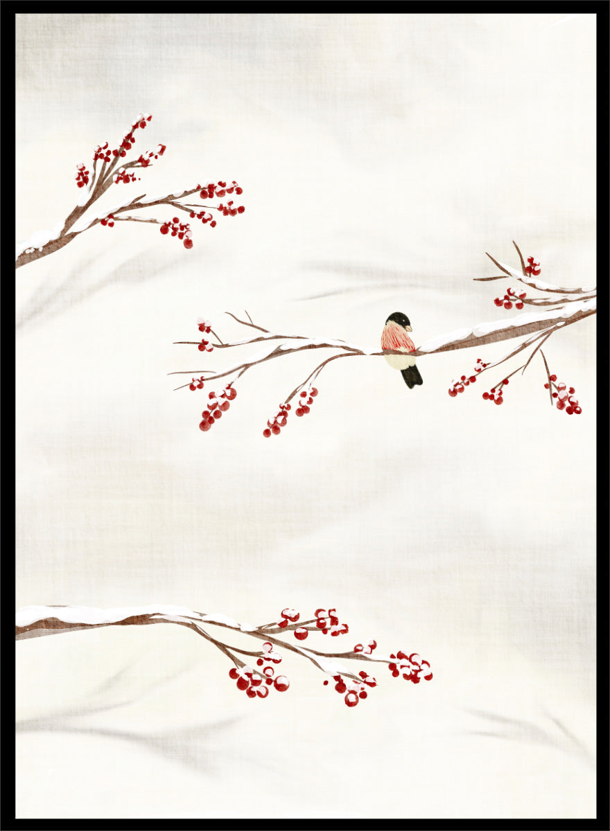 Shop Winter Bird With Berries by Nikita Jariwala, a winter bird wall art poster print featuring snowy branches, red berries, soft neutrals, and delicate seasonal detail.