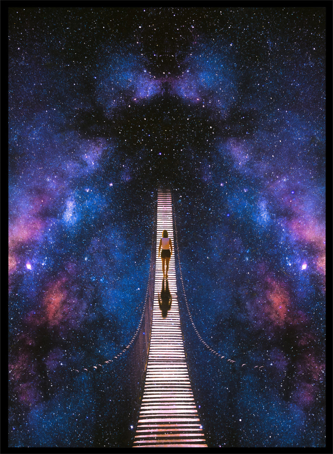 Person standing on a bridge stretching into space with a starry background. Infinity by Taudalpoi surreal cosmic bridge art print with lone figure walking through galaxy starscape, retro sci fi collage poster wall art.