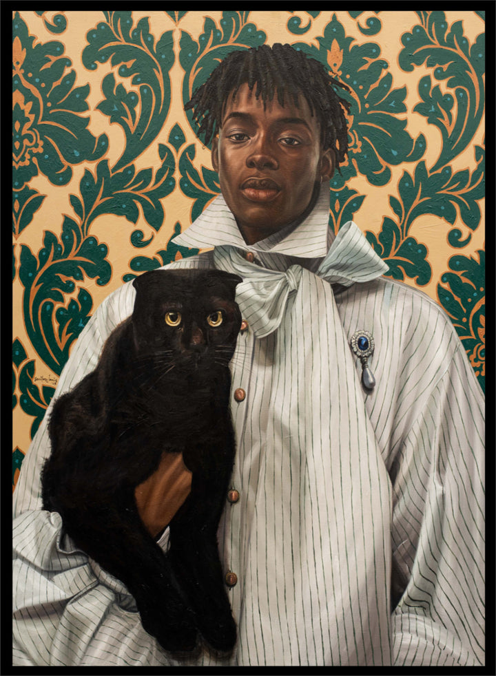 A portrait-style artwork showing a person in a pale striped shirt with a bow tie holding a black cat, set against ornate green damask wallpaper. Shop Elegant Portrait Black Cat by Damilare Jamiu, a contemporary figurative wall art print featuring a stylish portrait, black cat, and rich teal and gold pattern.