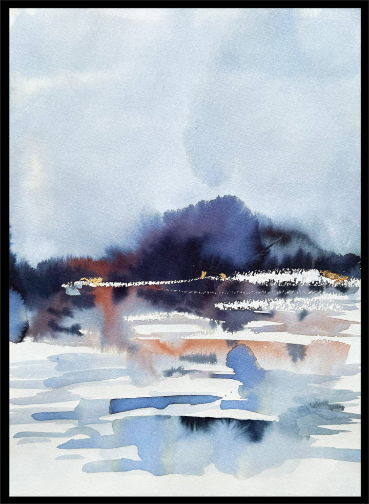 Shop Misty Mountain Lake by Helena Ryhle, a watercolor landscape wall art print poster featuring a misty lake, distant mountains, and atmospheric blue scenery.